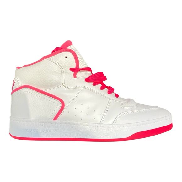 New SAINT LAURENT Leather Sneakers Mens 11 White Pink 80 High Top Lace Up Italy - Picture 1 of 6